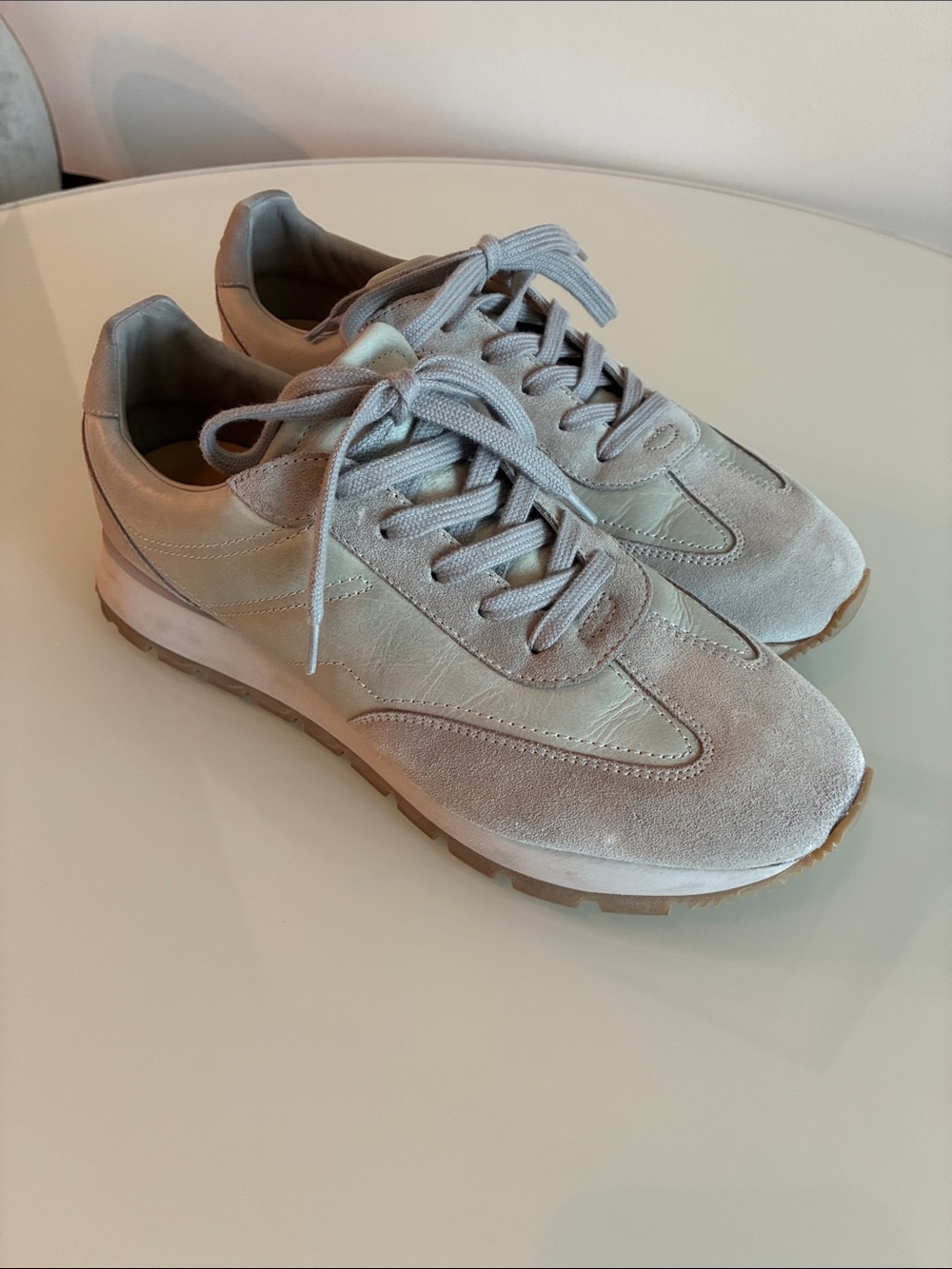 Koio, grey leather and suede women’s sneakers, size 11.